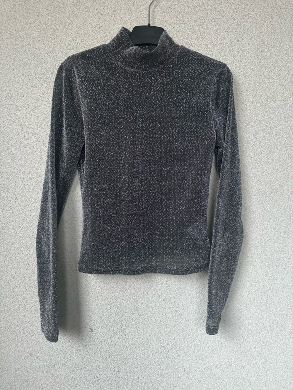 NA-KD Black Silver Glitter Metallic Mockneck Long Sleeve Top Size Small
